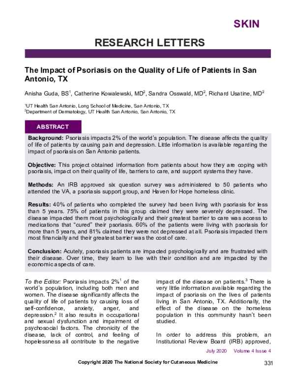 (PDF) The Impact of Psoriasis on the Quality of Life of Patients in San ...