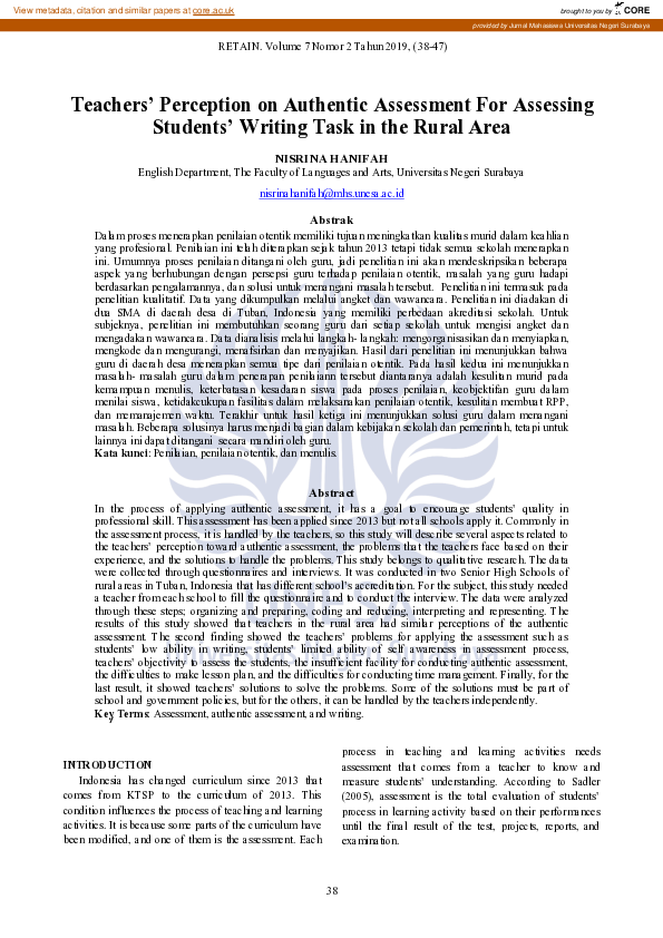 (PDF) Teachers’ Perception on Authentic Assessment For Assessing ...