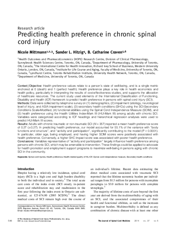(PDF) Predicting health preference in chronic spinal cord injury