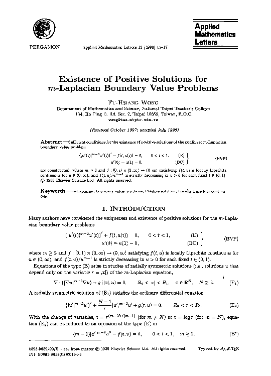 (PDF) Existence of positive solutions for m-Laplacian boundary value ...