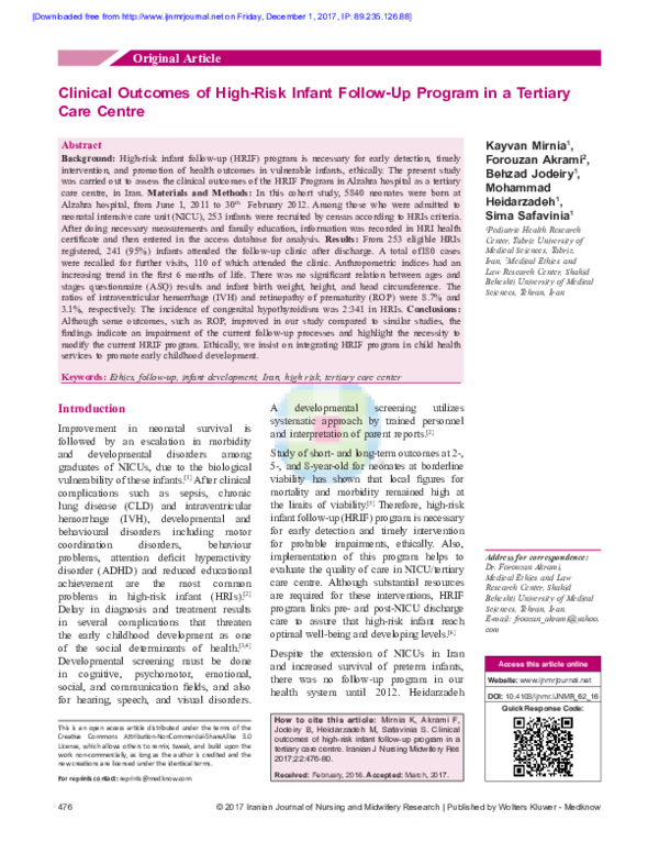 (PDF) Clinical outcomes of high-risk infant follow-up program in a ...