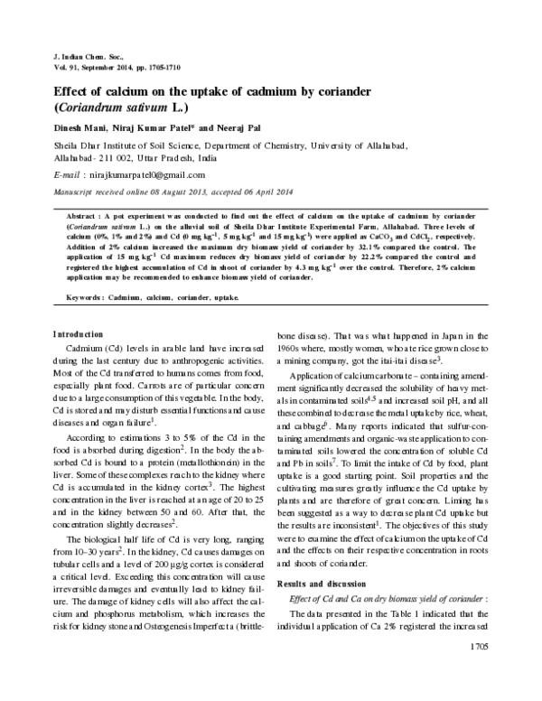(PDF) Effect of calcium on the uptake of cadmium by coriander ...