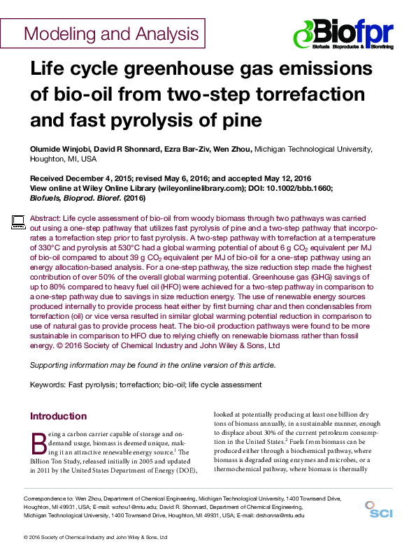 (PDF) Life cycle greenhouse gas emissions of bio-oil from two-step ...