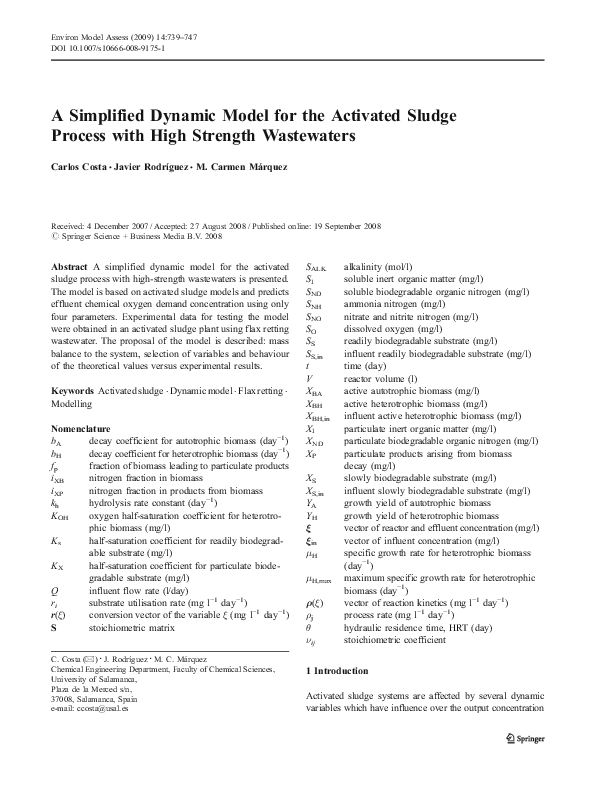 (PDF) A Simplified Dynamic Model for the Activated Sludge Process with ...