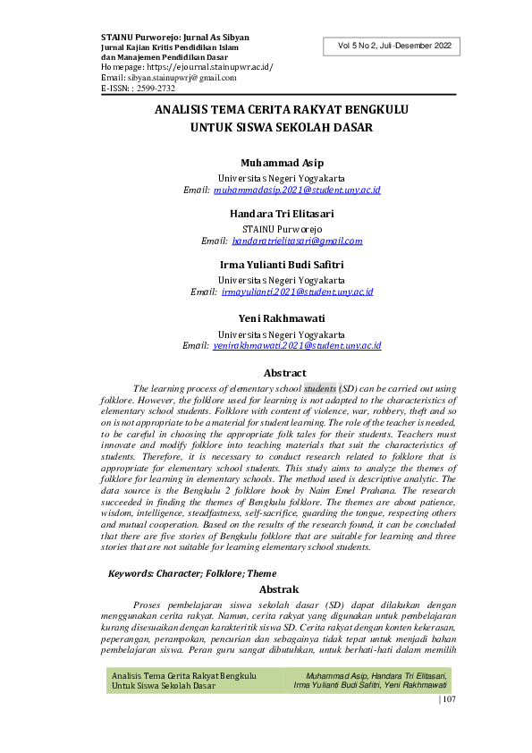 (PDF) Analisis Tema Cerita Rakyat Bengkulu Untuk Siswa Sekolah Dasar
