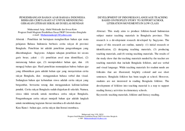 (PDF) PENGEMBANGAN BAHAN AJAR BAHASA INDONESIA BERBASIS CERITA RAKYAT ...