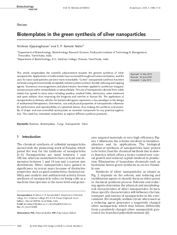 (PDF) Biotemplates in the green synthesis of silver nanoparticles