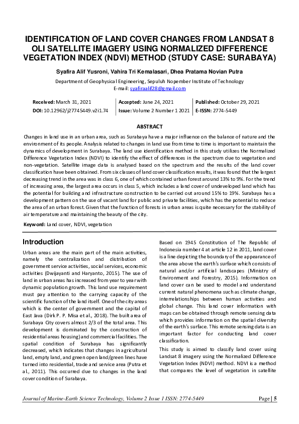 (PDF) Identification of Land Cover Changesfrom Landsat 8 Oli Satellite ...