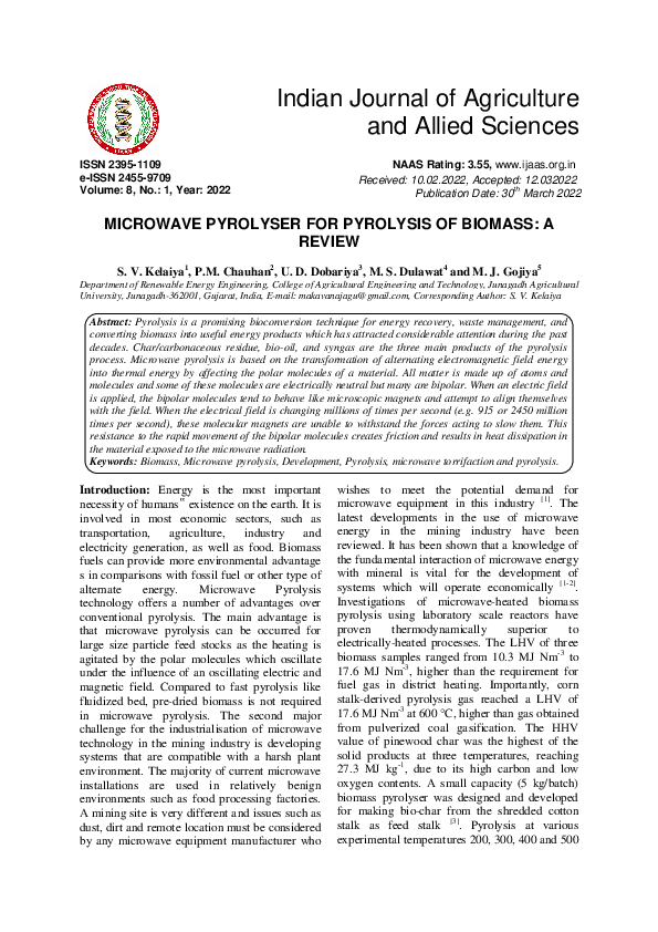 (PDF) MICROWAVE PYROLYSER FOR PYROLYSIS OF BIOMASS: A REVIEW