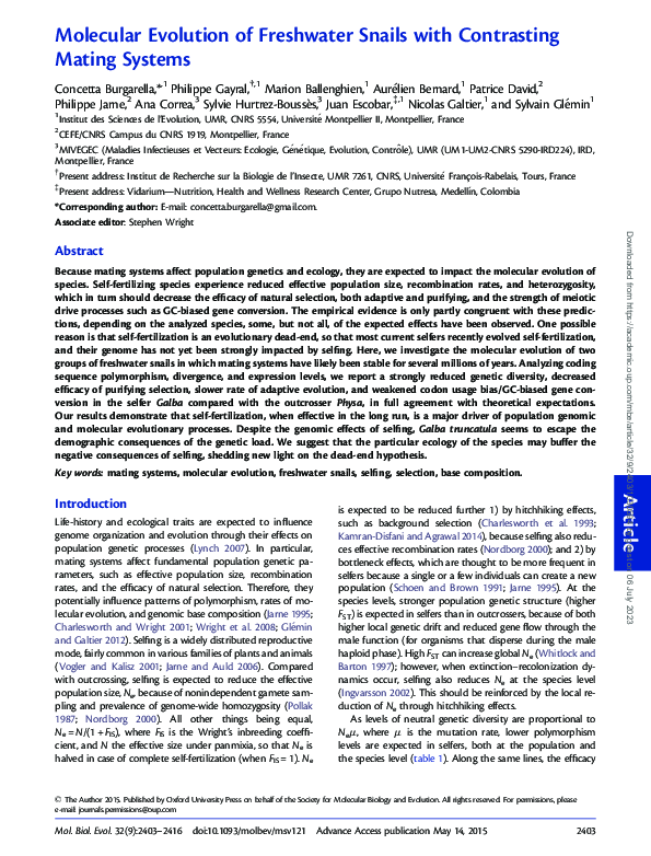 (PDF) Molecular evolution of freshwater snails with contrasting mating ...