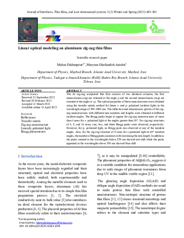 (PDF) Linear optical modeling on aluminum zigzag thin films Sc
