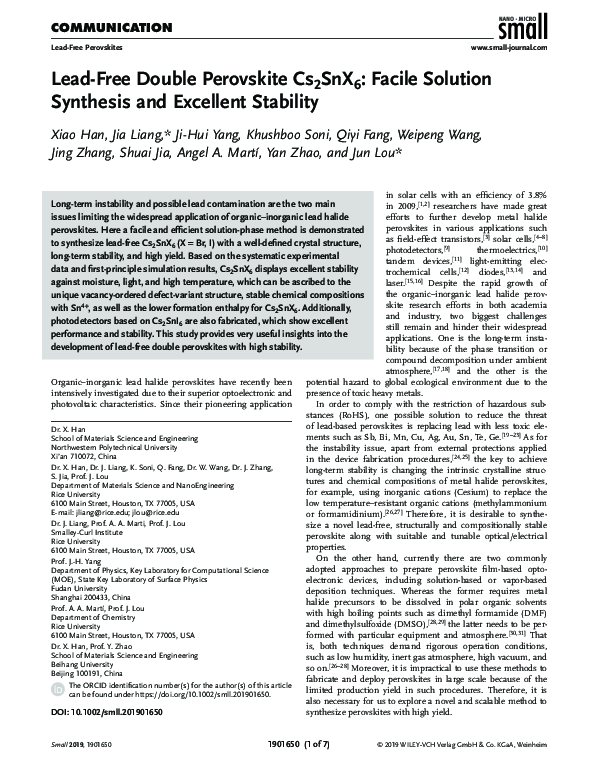 (PDF) Lead‐Free Double Perovskite Cs 2 SnX 6 : Facile Solution ...