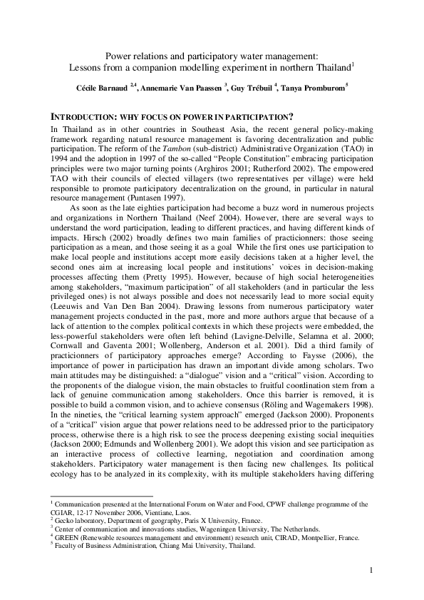 (PDF) Power relations and participatory water management: lessons from ...