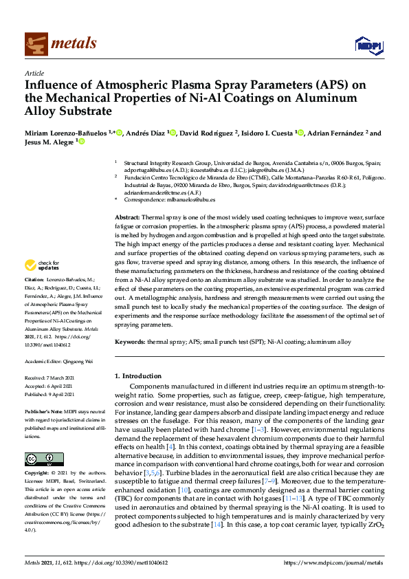 (PDF) Influence of Atmospheric Plasma Spray Parameters (APS) on the ...