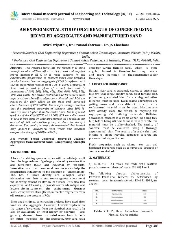 (PDF) AN EXPERIMENTAL STUDY ON STRENGTH OF CONCRETE USING RECYCLED ...