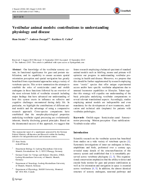 (PDF) Vestibular animal models: contributions to understanding ...