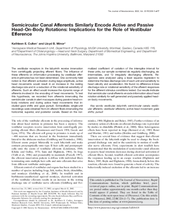 (PDF) Semicircular Canal Afferents Similarly Encode Active and Passive ...