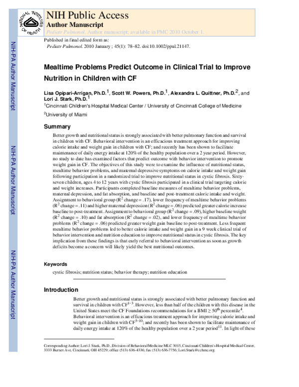 (PDF) Mealtime problems predict outcome in clinical trial to improve ...