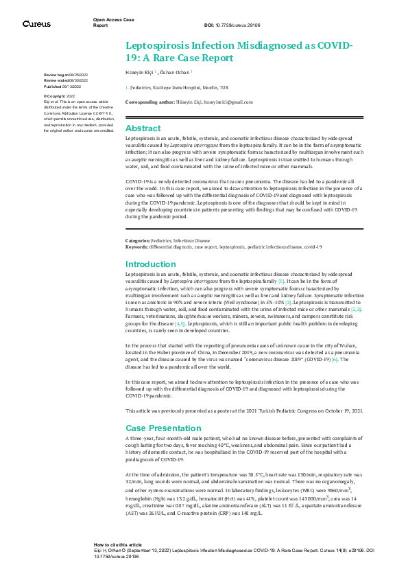 (PDF) Leptospirosis Infection Misdiagnosed as COVID19 A Rare Case