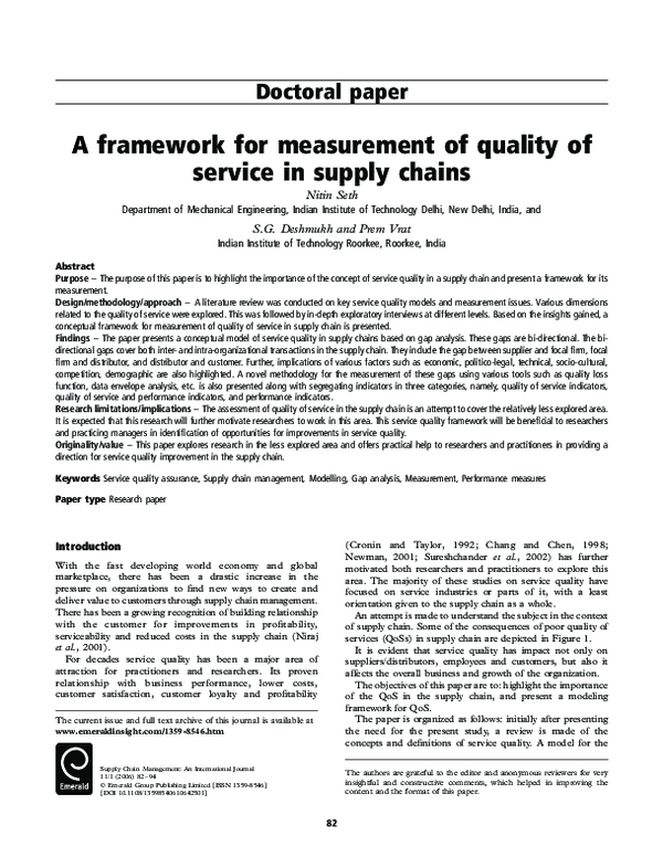 (PDF) A framework for measurement of quality of service in supply chains