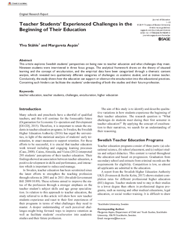 (PDF) Teacher Students’ Experienced Challenges in the Beginning of ...