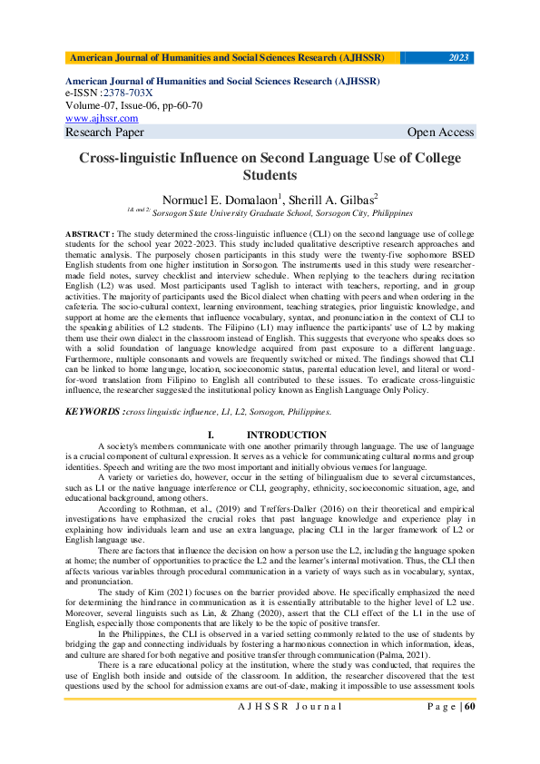 (PDF) Cross-linguistic Influence on Second Language Use of College Students