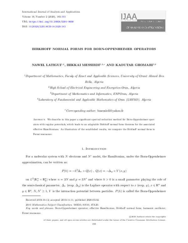 (PDF) Birkhoff Normal Forms for Born-Oppenheimer Operators