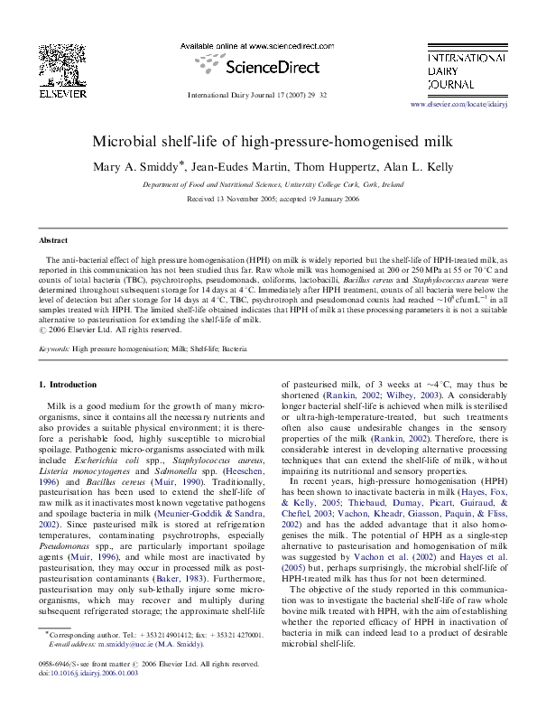 (PDF) Microbial shelflife of highpressurehomogenised milk jean