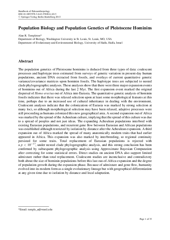 (PDF) Population Biology and Population Genetics of Pleistocene Hominins