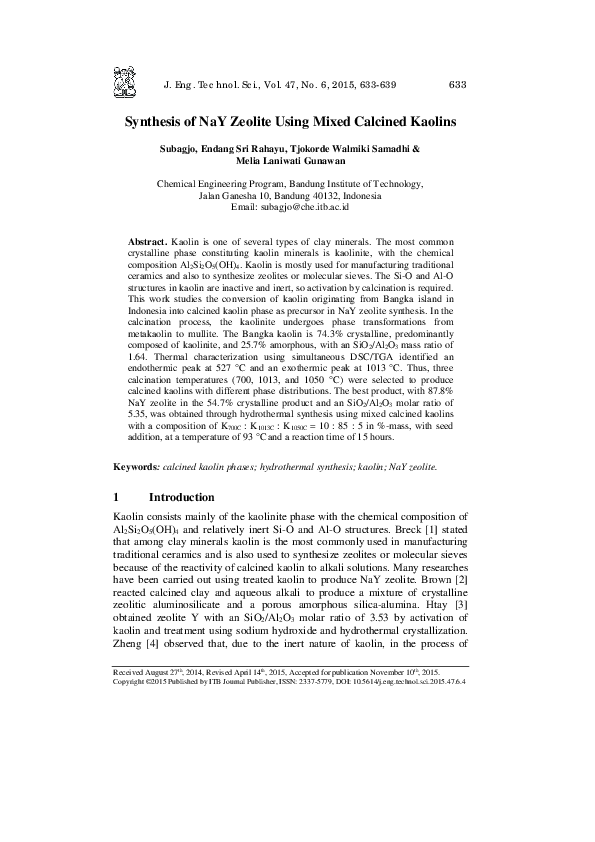 (PDF) Synthesis of NaY Zeolite Using Mixed Calcined Kaolins