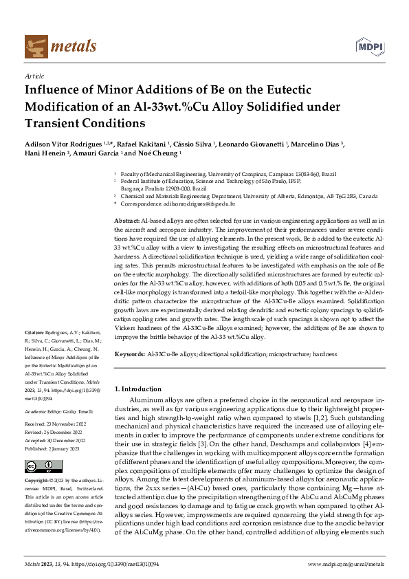 (PDF) Influence of Minor Additions of Be on the Eutectic Modification ...