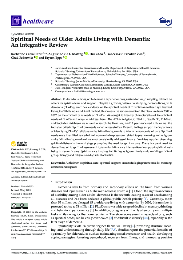 (PDF) Spiritual Needs of Older Adults Living with Dementia: An ...