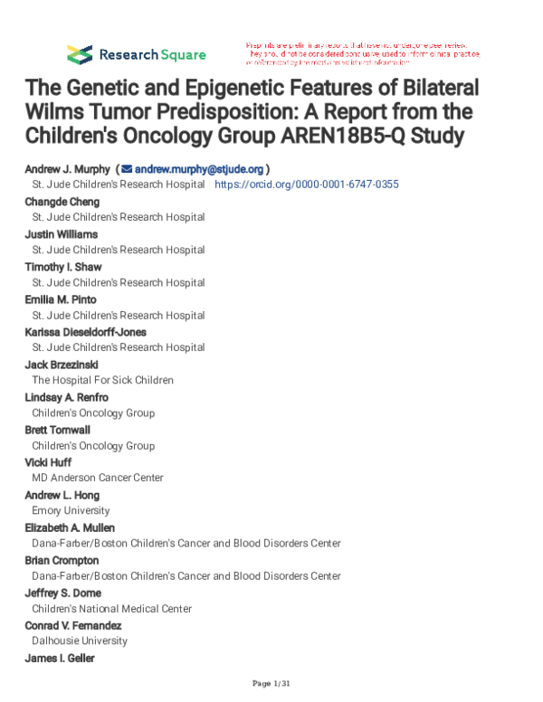 (PDF) The Genetic and Epigenetic Features of Bilateral Wilms Tumor ...