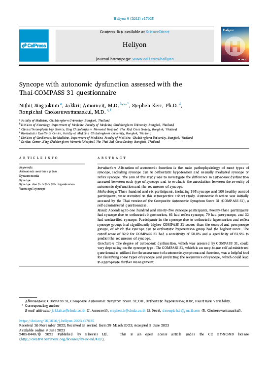 (PDF) Syncope with autonomic dysfunction assessed with the Thai-COMPASS ...