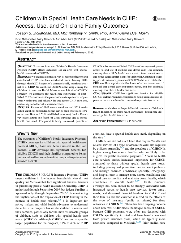 (PDF) Children with Special Health Care Needs in CHIP: Access, Use, and ...