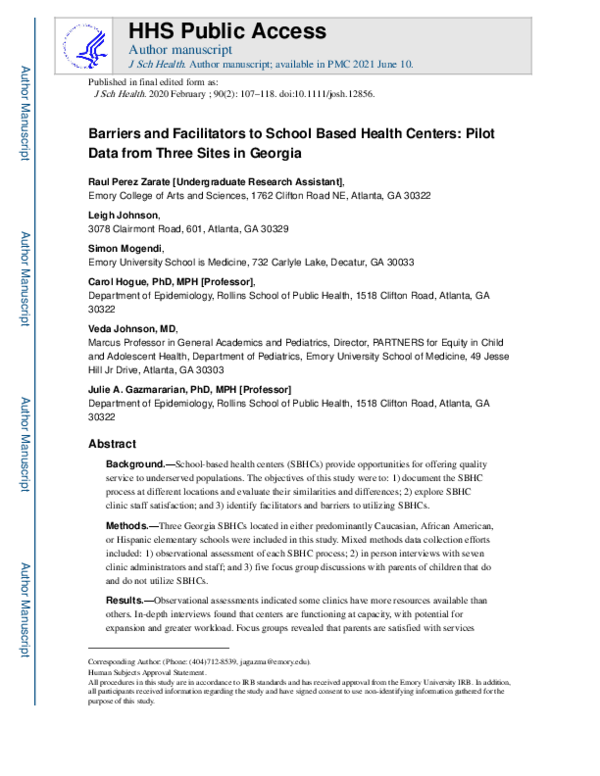 (PDF) Barriers and Facilitators to School‐Based Health Centers: pilot ...