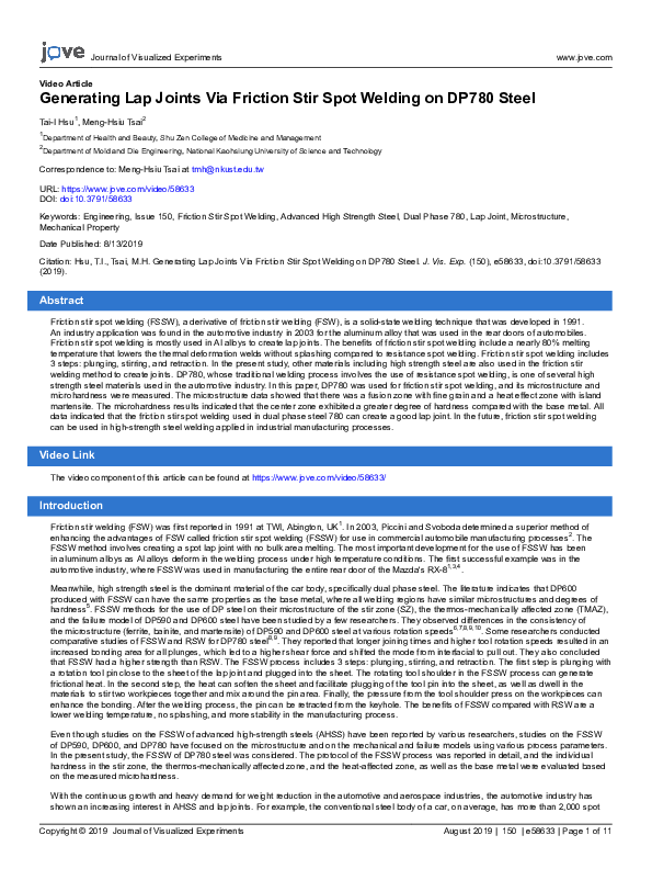 (PDF) Generating Lap Joints Via Friction Stir Spot Welding on DP780 Steel