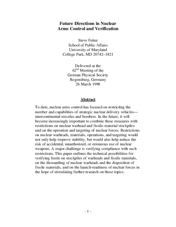 (PDF) Future Directions in Nuclear Arms Control and Verification
