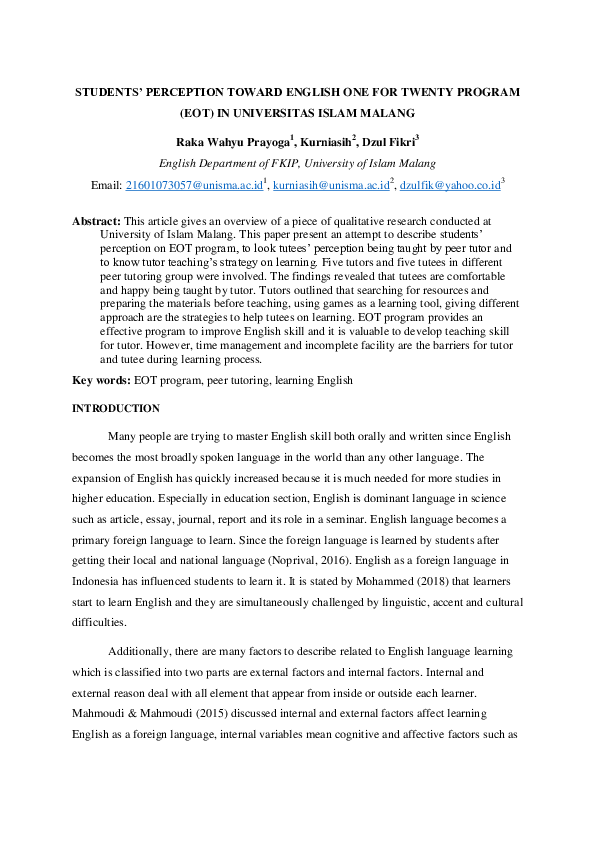 (PDF) Students’ Perception Toward English One for Twenty Program (Eot ...
