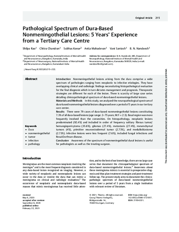 (PDF) Pathological Spectrum of Dura-Based Nonmeningothelial Lesions: 5 ...