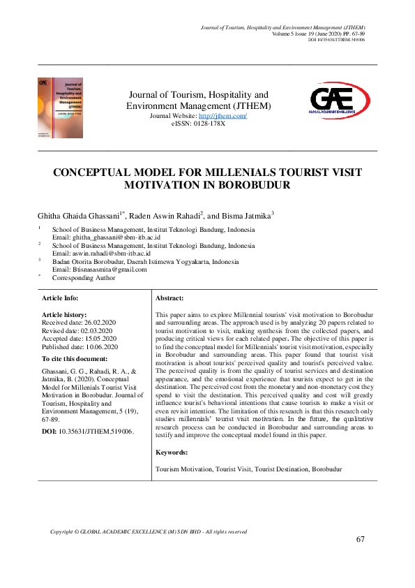 (PDF) Conceptual Model for Millenials Tourist Visit Motivation in ...