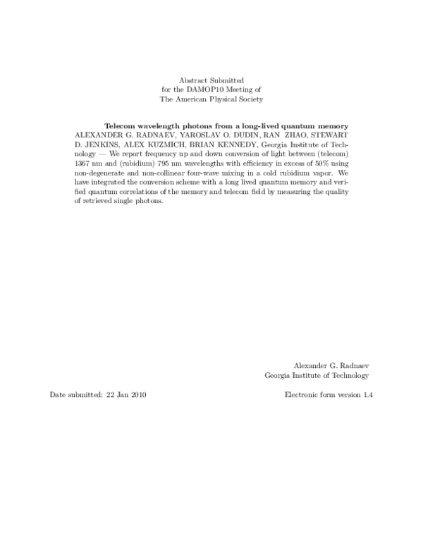 (PDF) Telecom wavelength photons from a long-lived quantum memory