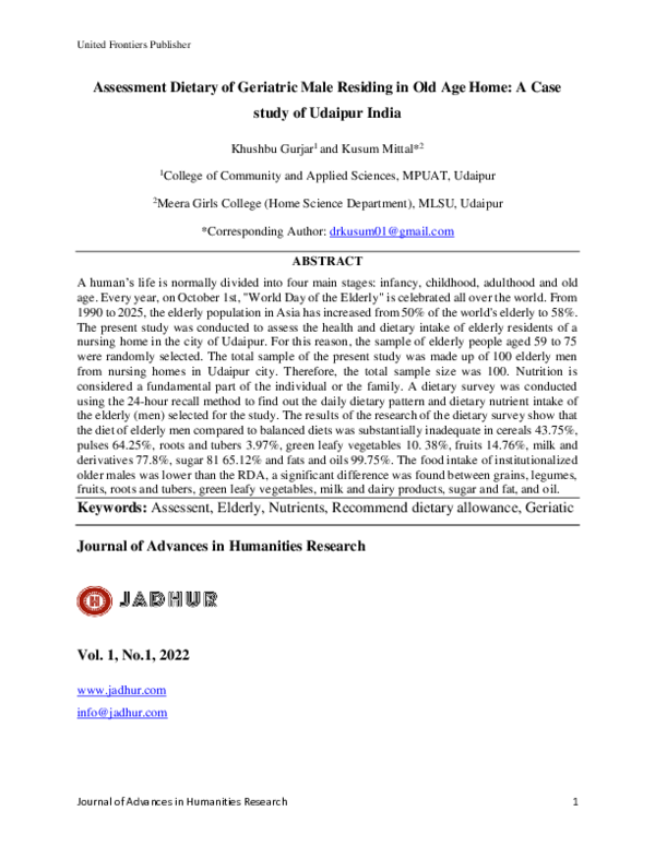 (PDF) Assessment Dietary of Geriatric Male Residing in Old Age Home: A ...