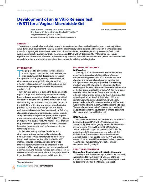 (PDF) Development of an In Vitro Release Test (IVRT) for a Vaginal ...