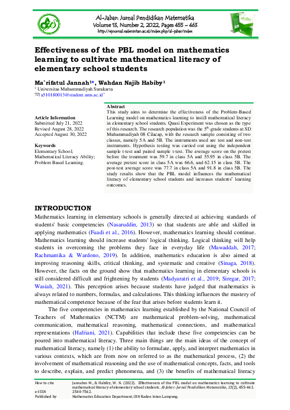(PDF) Effectiveness of the PBL model on mathematics learning to ...