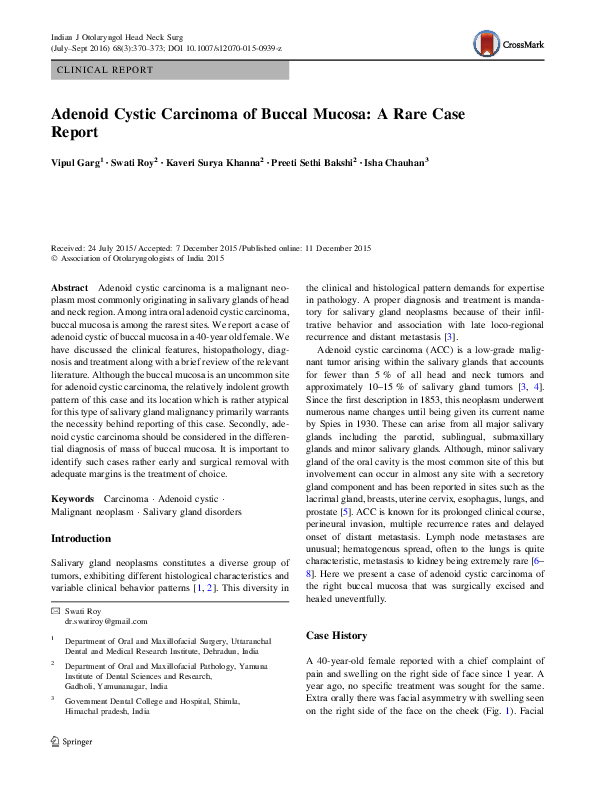 (PDF) Adenoid Cystic Carcinoma of Buccal Mucosa: A Rare Case Report