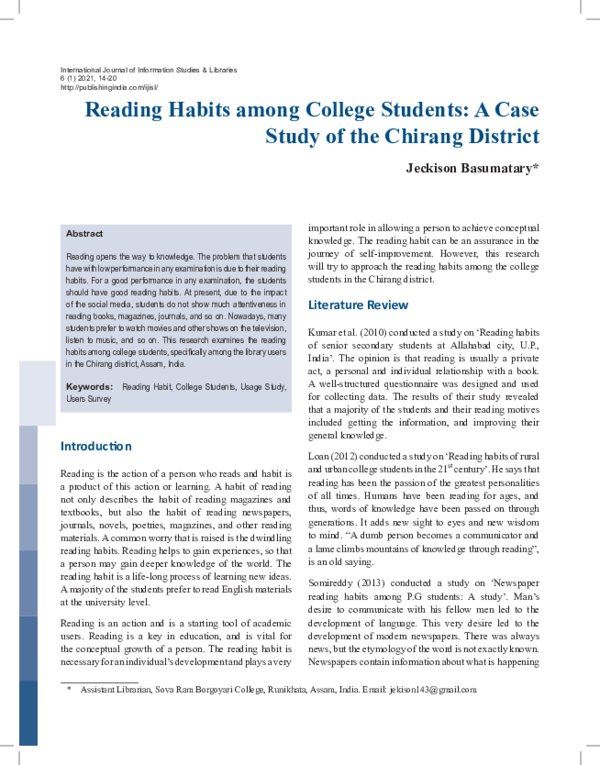 (PDF) Reading Habits among College Students: A Case Study of the ...