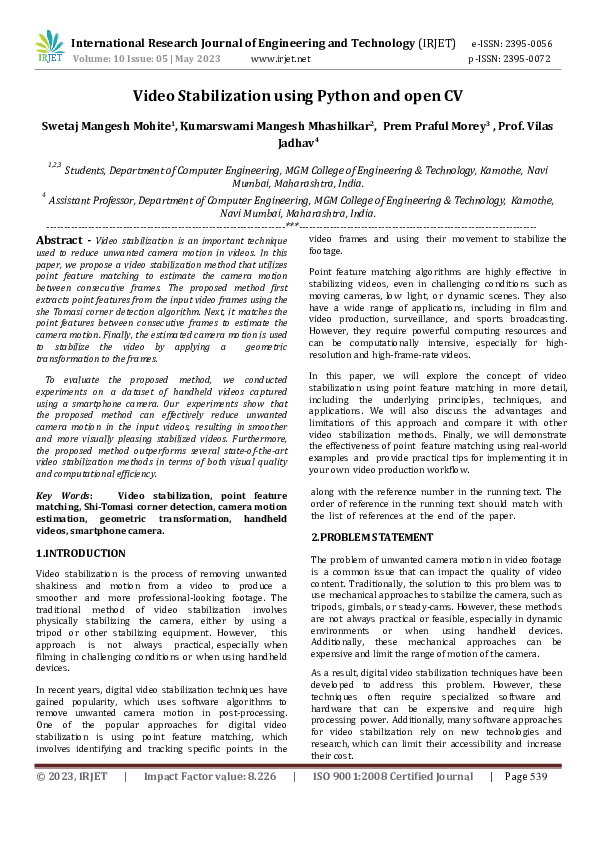 (PDF) Video Stabilization using Python and open CV