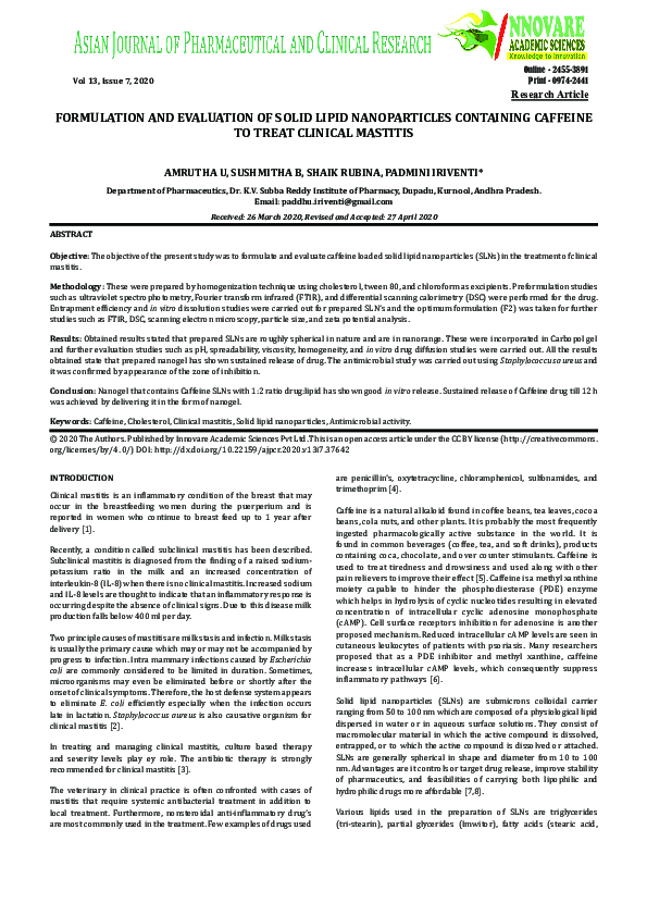 (PDF) FORMULATION AND EVALUATION OF SOLID LIPID NANOPARTICLES ...