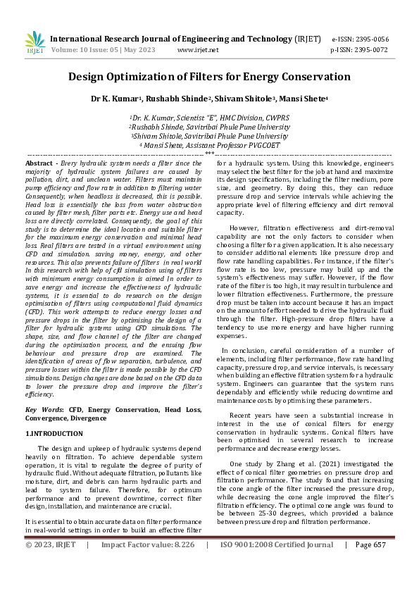 (PDF) Design Optimization of Filters for Energy Conservation